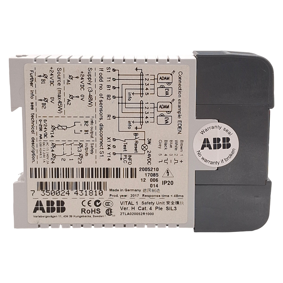 Used ABB Jokab 2TLA020052R1000 Vital 1 Safety Controller Relay, 2NO, 24VDC, DIN Rail