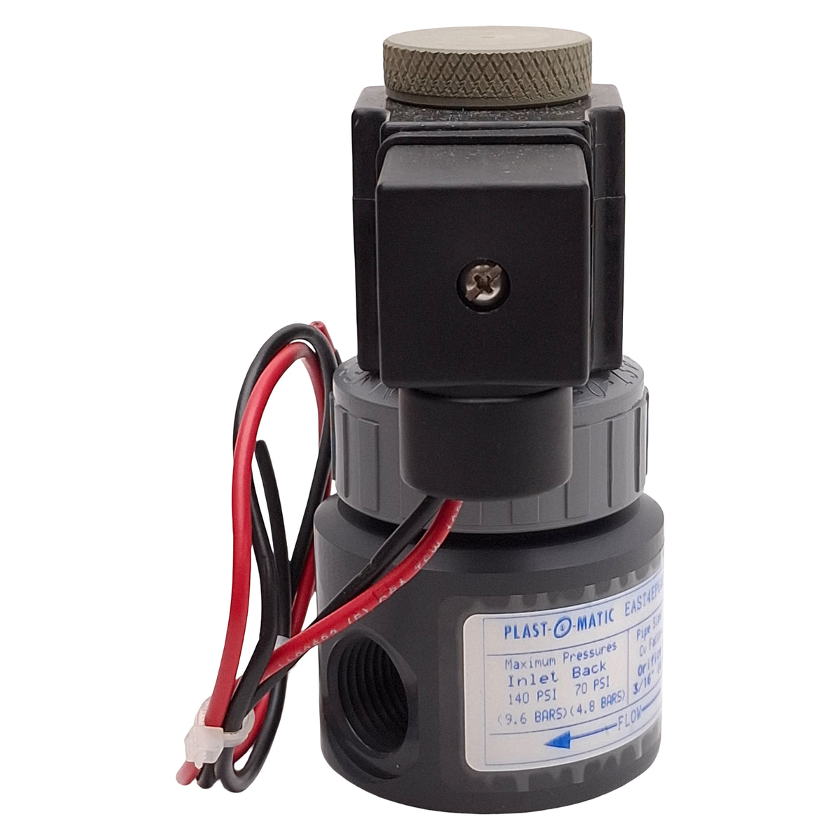 Used Plast-O-Matic EAST4EP6W11-024DC-PV Solenoid Valve, 2-Position, 140psi, 1/2in NPT