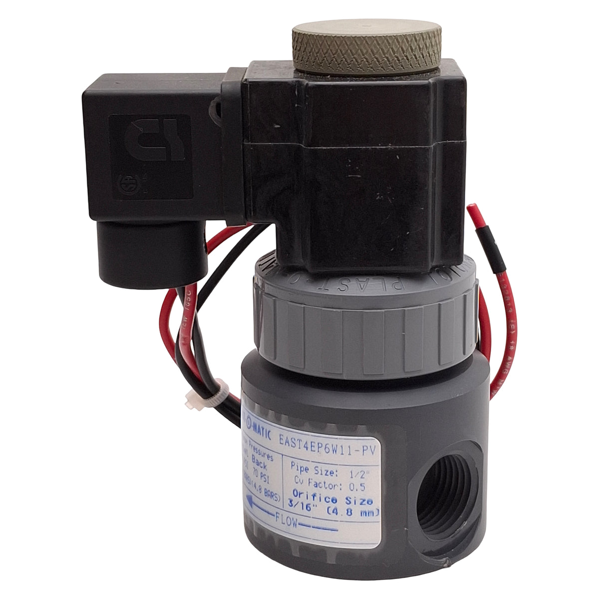 Used Plast-O-Matic EAST4EP6W11-024DC-PV Solenoid Valve, 2-Position, 140psi, 1/2in NPT