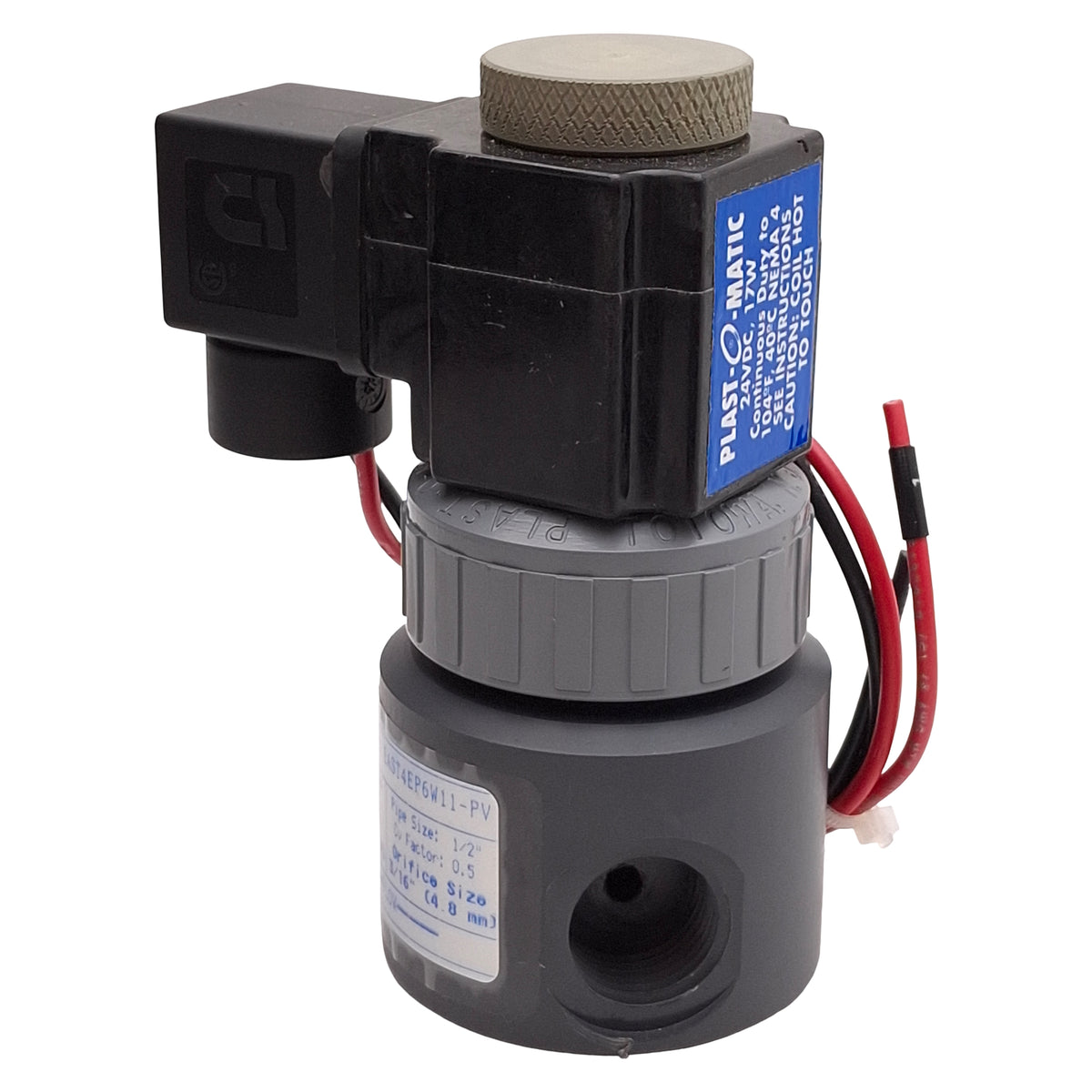 Used Plast-O-Matic EAST4EP6W11-024DC-PV Solenoid Valve, 2-Position, 140psi, 1/2in NPT
