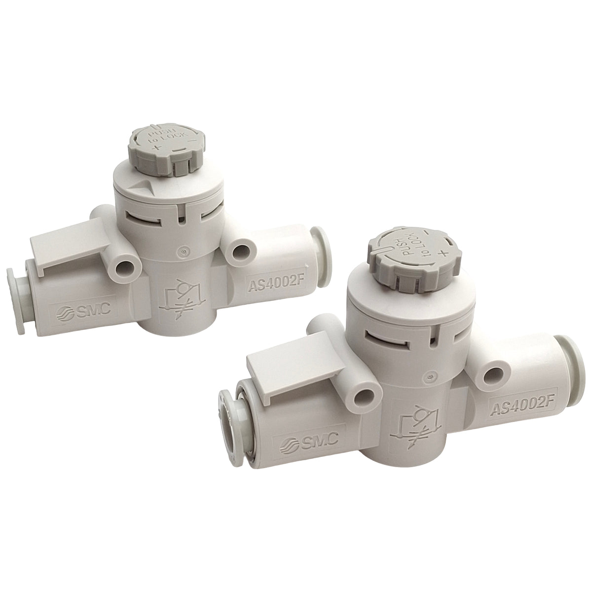 New – Open box Lot of 2 SMC AS4002D-10 Inline Flow Control Fitting, 1.0MPa, 10mm OD Tube