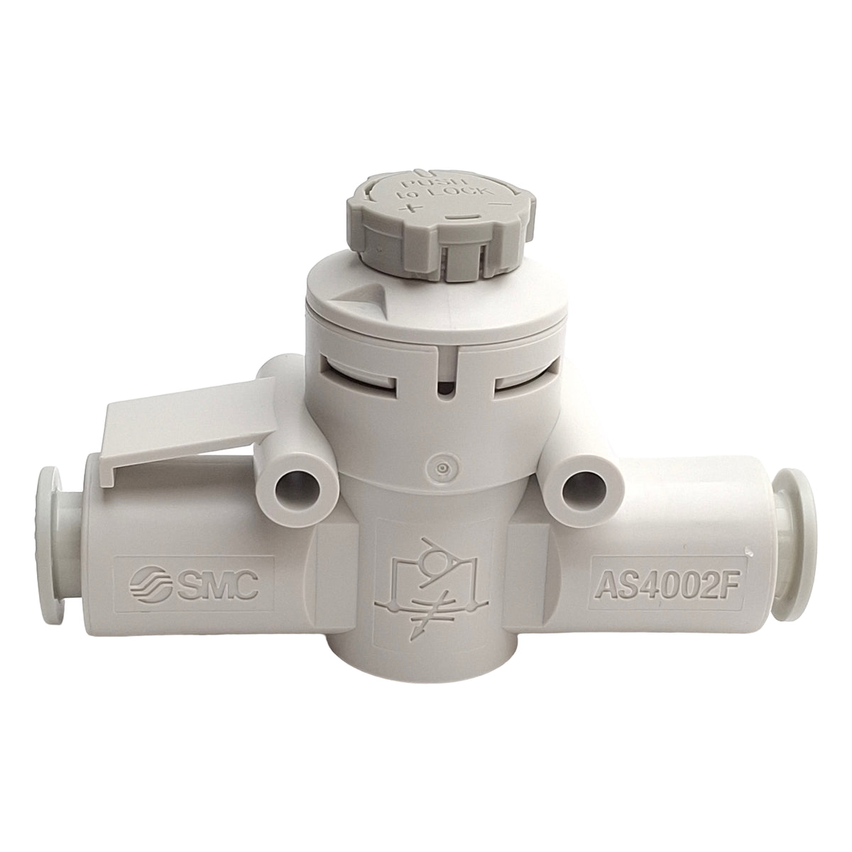 New – Open box Lot of 2 SMC AS4002D-10 Inline Flow Control Fitting, 1.0MPa, 10mm OD Tube