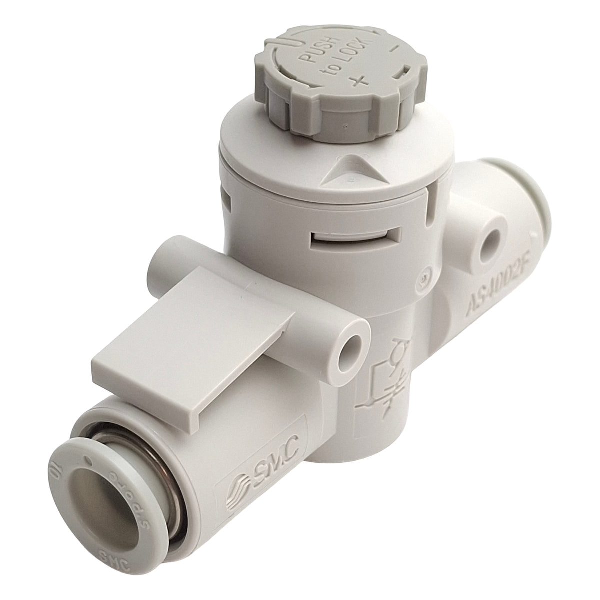 New – Open box Lot of 2 SMC AS4002D-10 Inline Flow Control Fitting, 1.0MPa, 10mm OD Tube