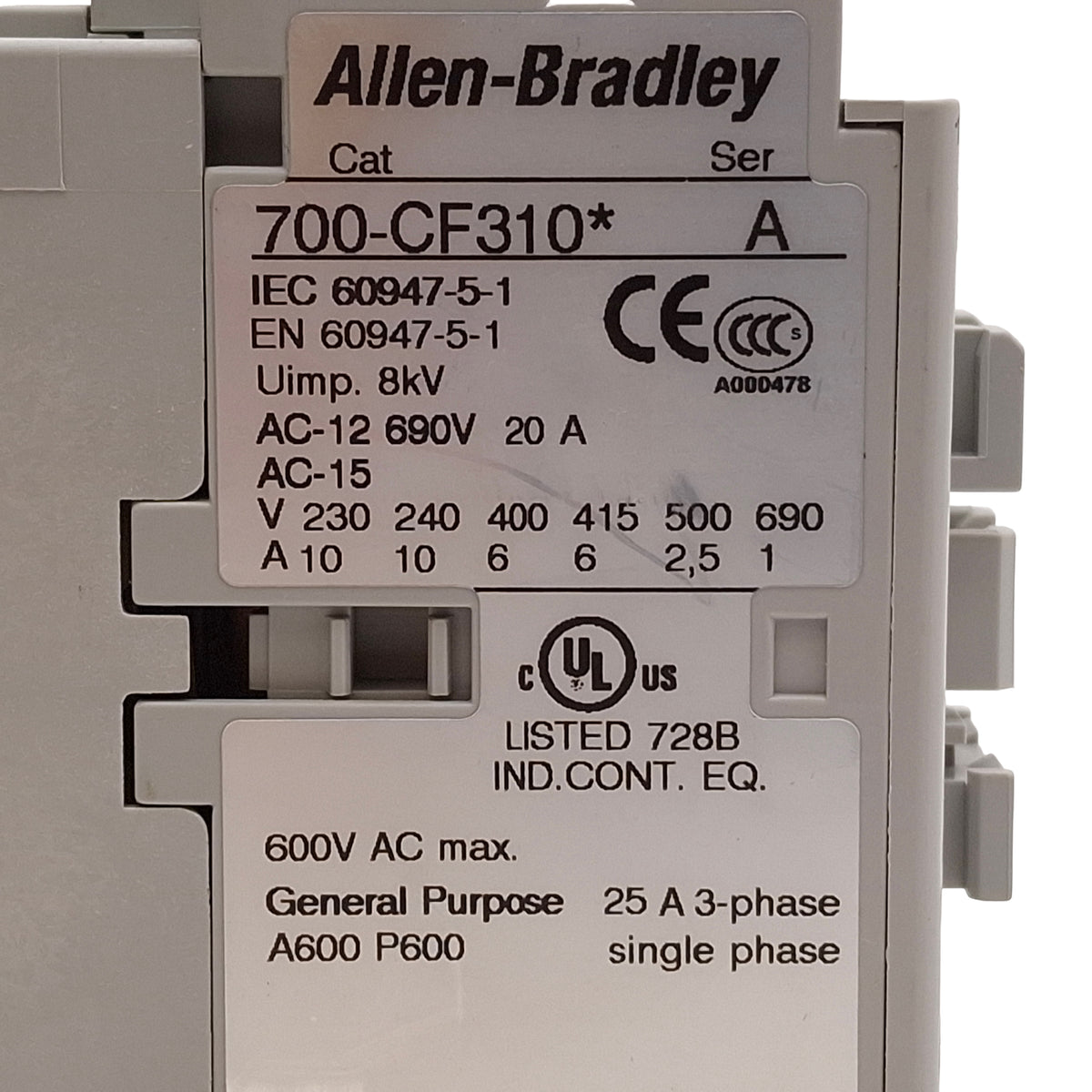 Used Allen Bradley 700-CF310D IEC Control Relay, 3NO+1NC, 25A 600VAC, 110/120VAC Coil
