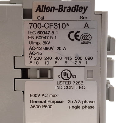 Used Allen Bradley 700-CF310D IEC Control Relay, 3NO+1NC, 25A 600VAC, 110/120VAC Coil