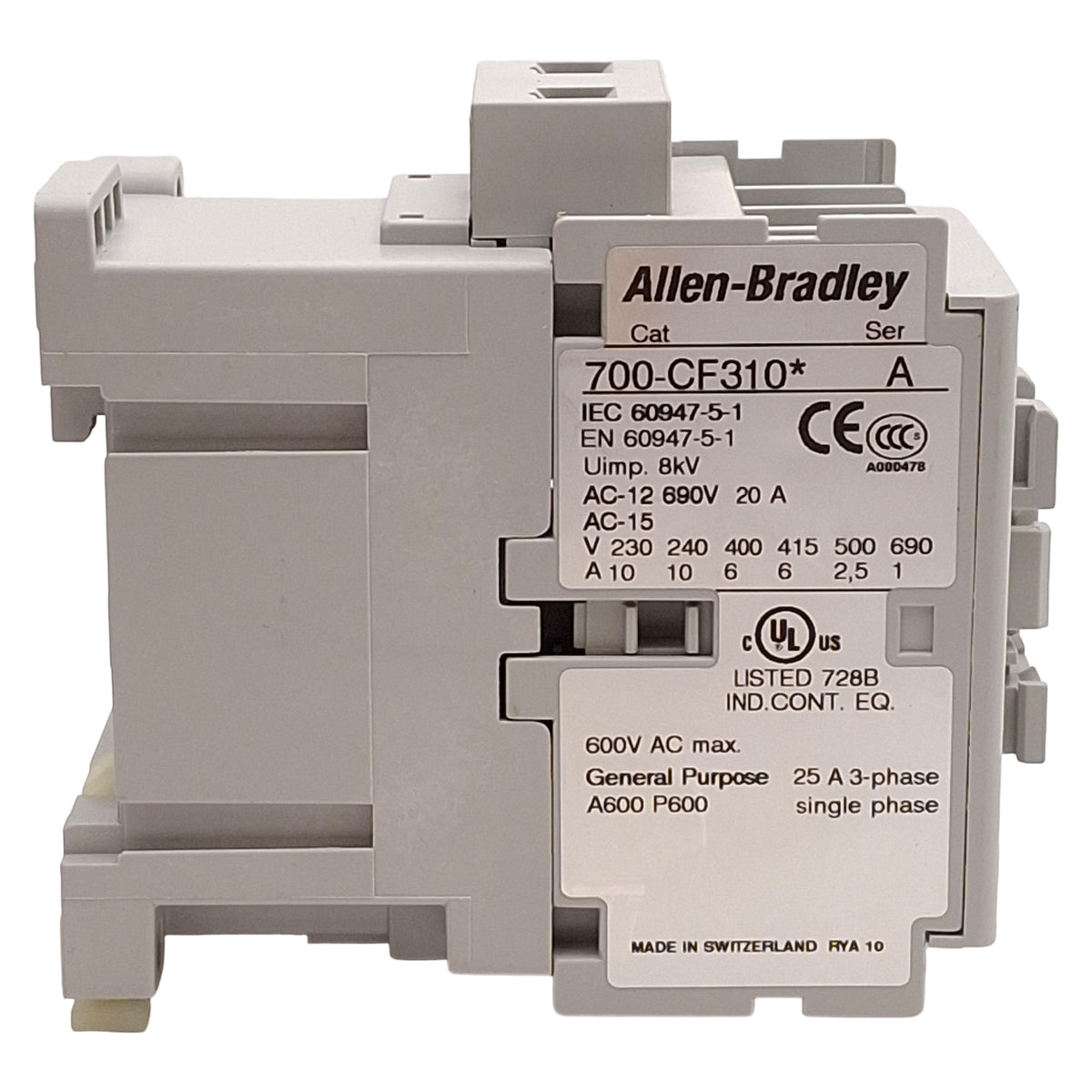 Used Allen Bradley 700-CF310D IEC Control Relay, 3NO+1NC, 25A 600VAC, 110/120VAC Coil