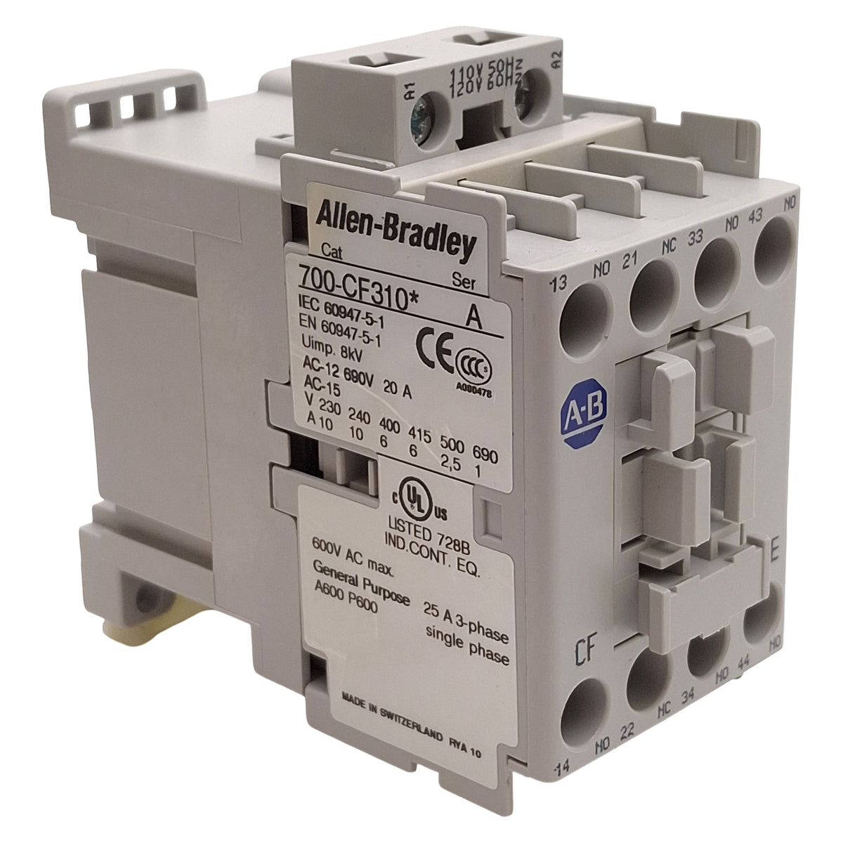 Used Allen Bradley 700-CF310D IEC Control Relay, 3NO+1NC, 25A 600VAC, 110/120VAC Coil