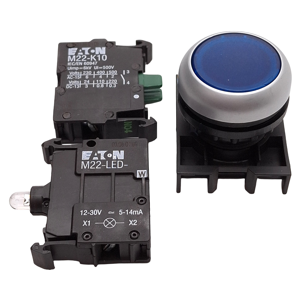 Used Eaton M22-DL-B-K10-W Blue Illuminated Momentary Pushbutton 1NO 12-30VAC/DC Lamp