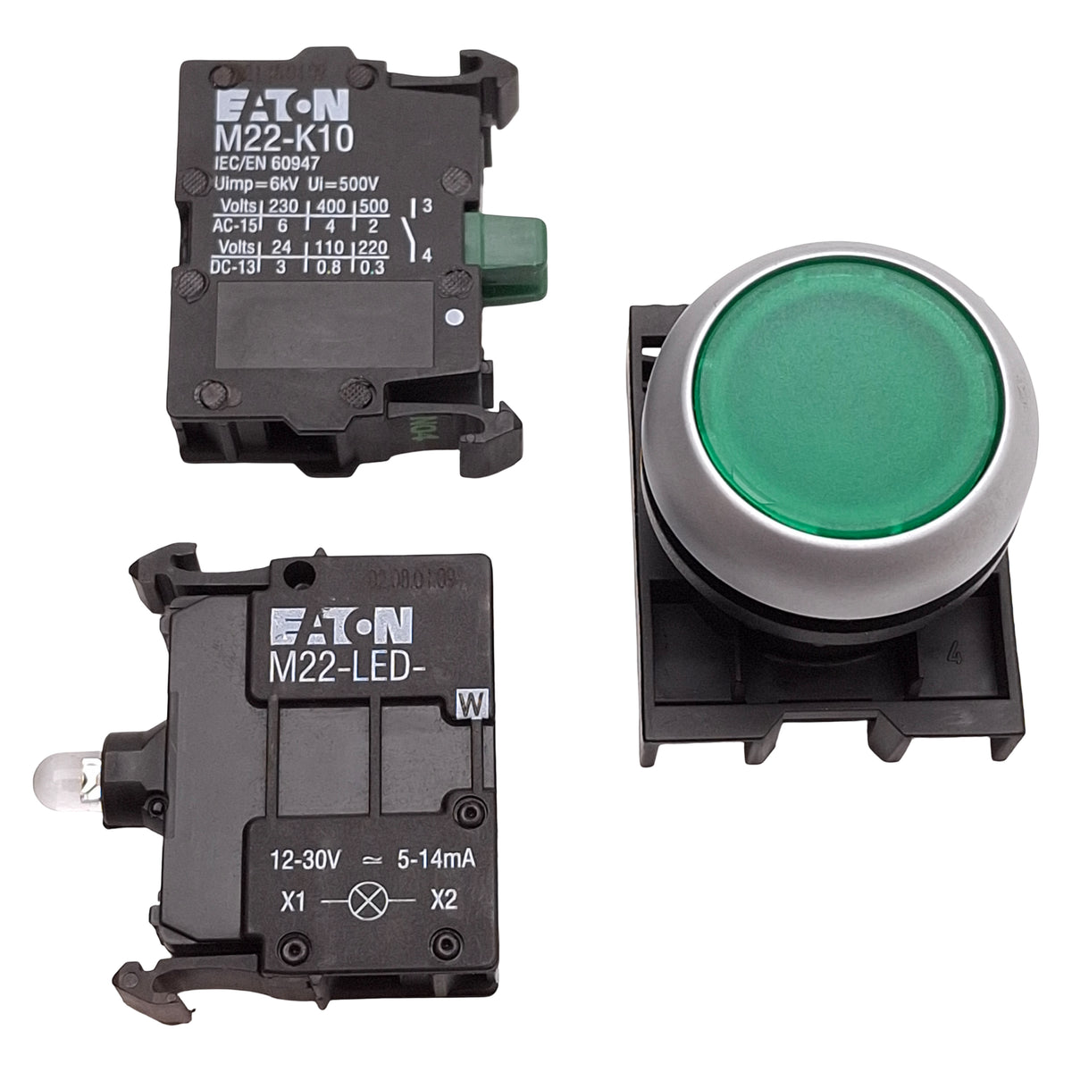 Used Eaton M22-DL-G-K10-W Green Illuminated Momentary Pushbutton 1NO 12-30VAC/DC Lamp