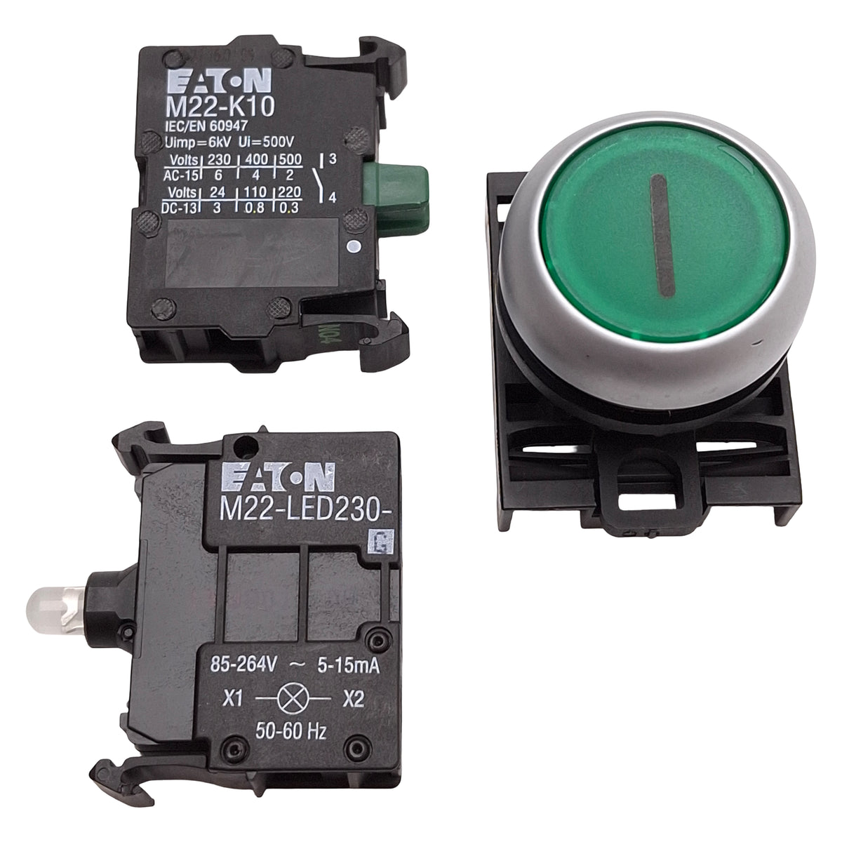 Used Eaton M22-DL-G-X1-K10-G Green Illuminated Momentary Pushbutton 1NO 85-264VAC LED