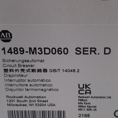 New Allen Bradley 1489-M3D060 Circuit Breaker, 3-Pole, 6A 480Y/277VAC, DIN Rail