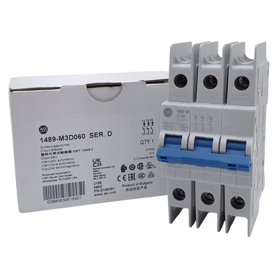 New Allen Bradley 1489-M3D060 Circuit Breaker, 3-Pole, 6A 480Y/277VAC, DIN Rail