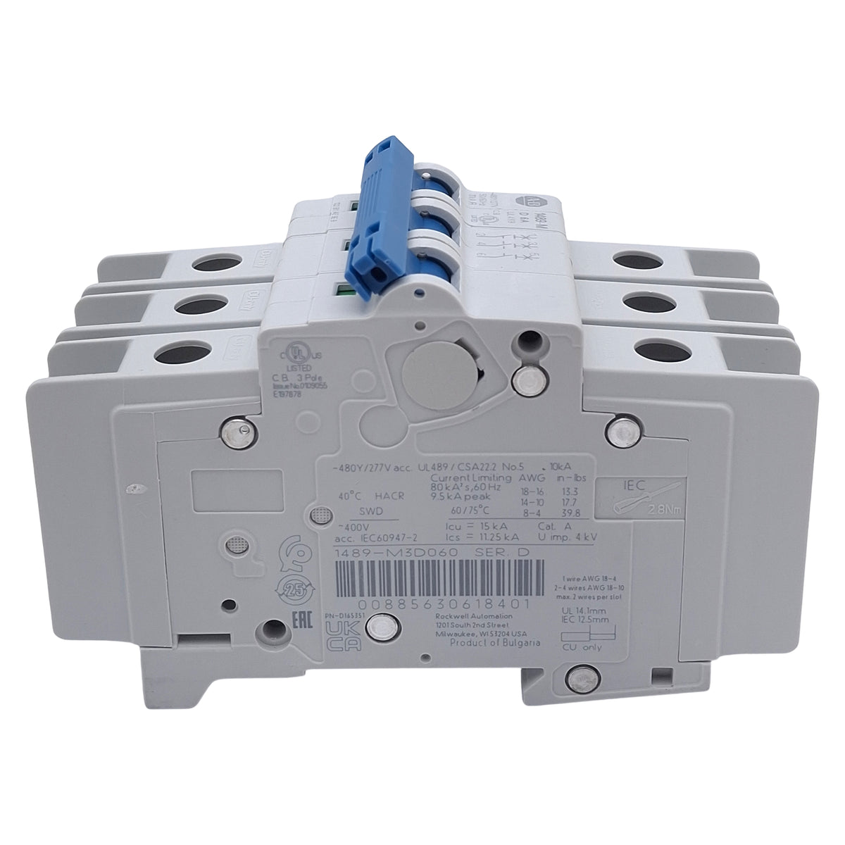 New Allen Bradley 1489-M3D060 Circuit Breaker, 3-Pole, 6A 480Y/277VAC, DIN Rail