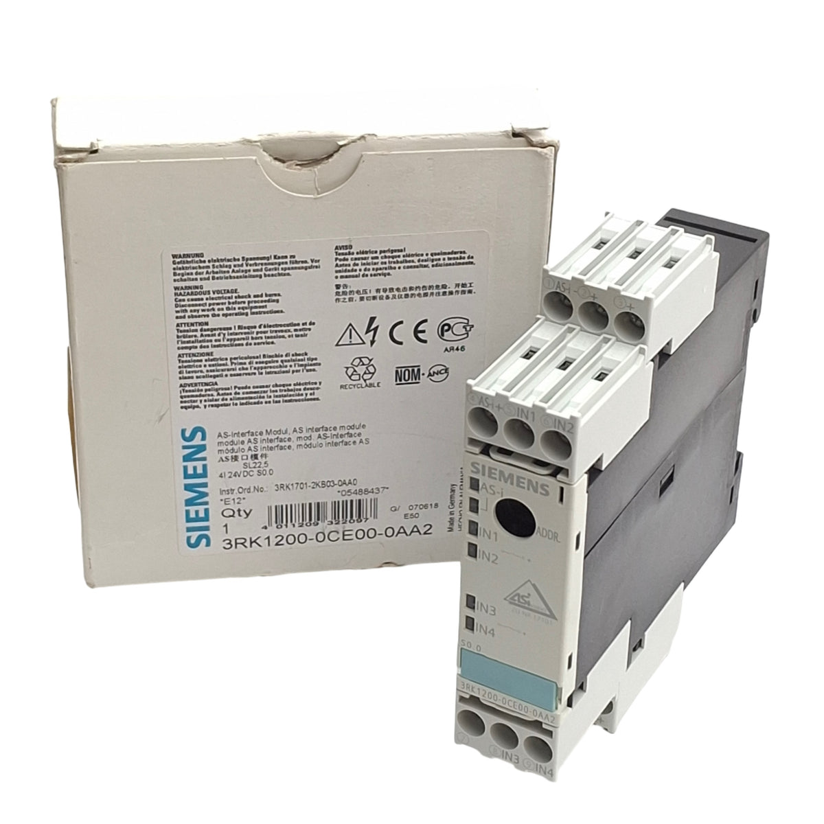 New Siemens 3RK1200-0CE00-0AA2 AS-i Interface I/O Module, 4 Inputs, 24VDC, 50mA