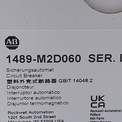 New Allen Bradley 1489-M2D060 Circuit Breaker, 2-Poles, 6A 480Y/277VAC, DIN Rail