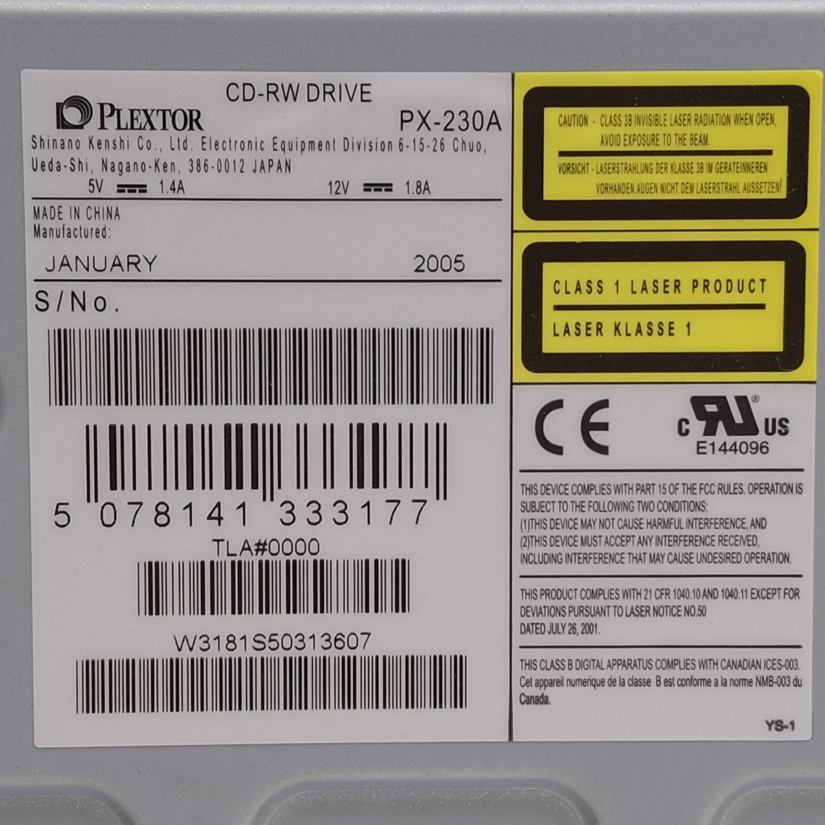 Used Plextor PX-230A CD-RW Optical Disc Drive, 5.25in, E-IDE/ATAPI, 52x32x52x
