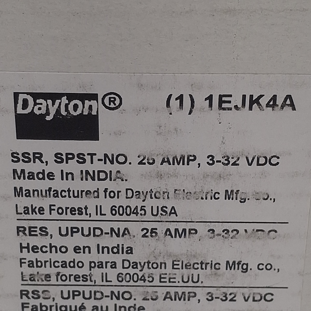 New Dayton 1EJK4A Solid-State Relay SPST-NO, 3-32VDC In, 25A 24-280VAC Out, DIN Rail