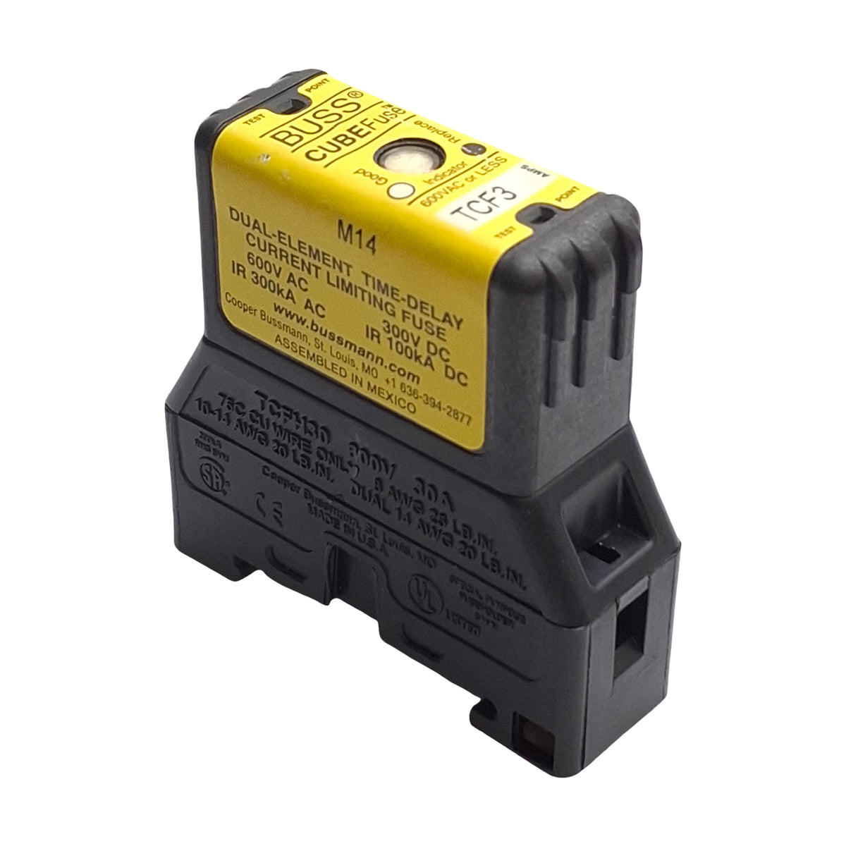 New – Open box Eaton TCF3 Time Delay Cube Fuse, 600VAC/300VDC, 3 Amps, Class CF, With Socket