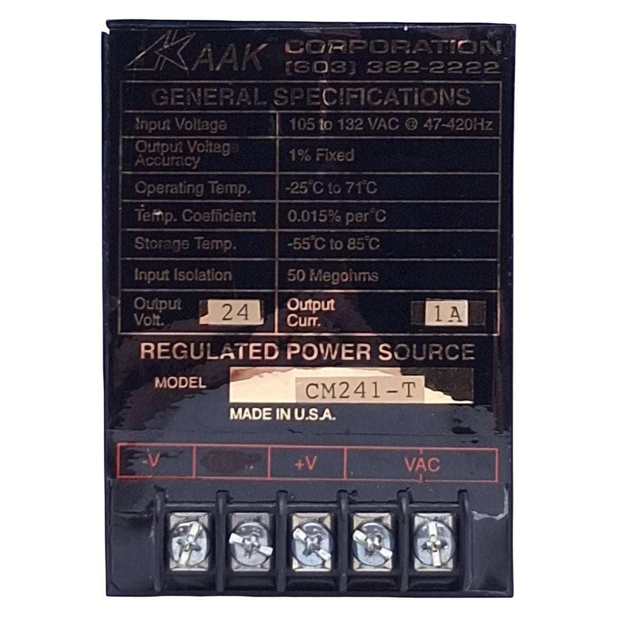 Used AAK CM24.1-T Regulated Power Supply, 105-132VAC Input, 24VDC 1A Output *Cracked*