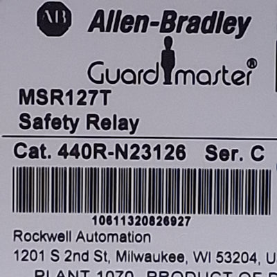 Used Allen Bradley MSR127T 440R-N23126 Guardmaster Safety Relay 1NO+1NC Aux, 24VAC/DC