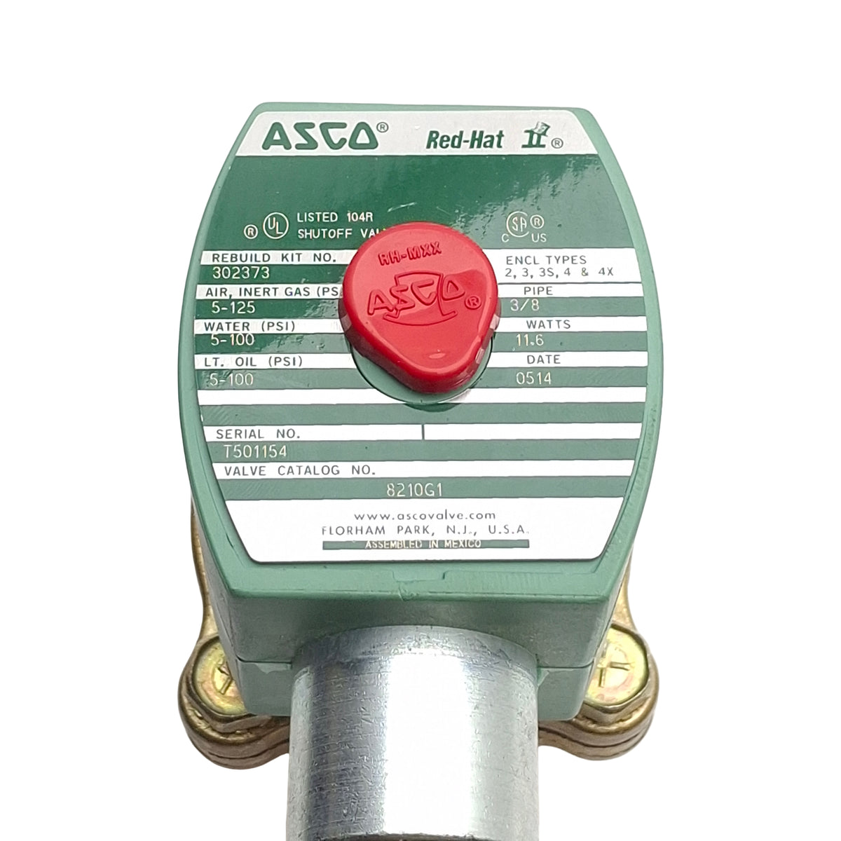 Used Parker 8210G1 Asco Red Had Solenoid Valve, 5-100/125psi, 3/8in NPT, 24VDC Coil