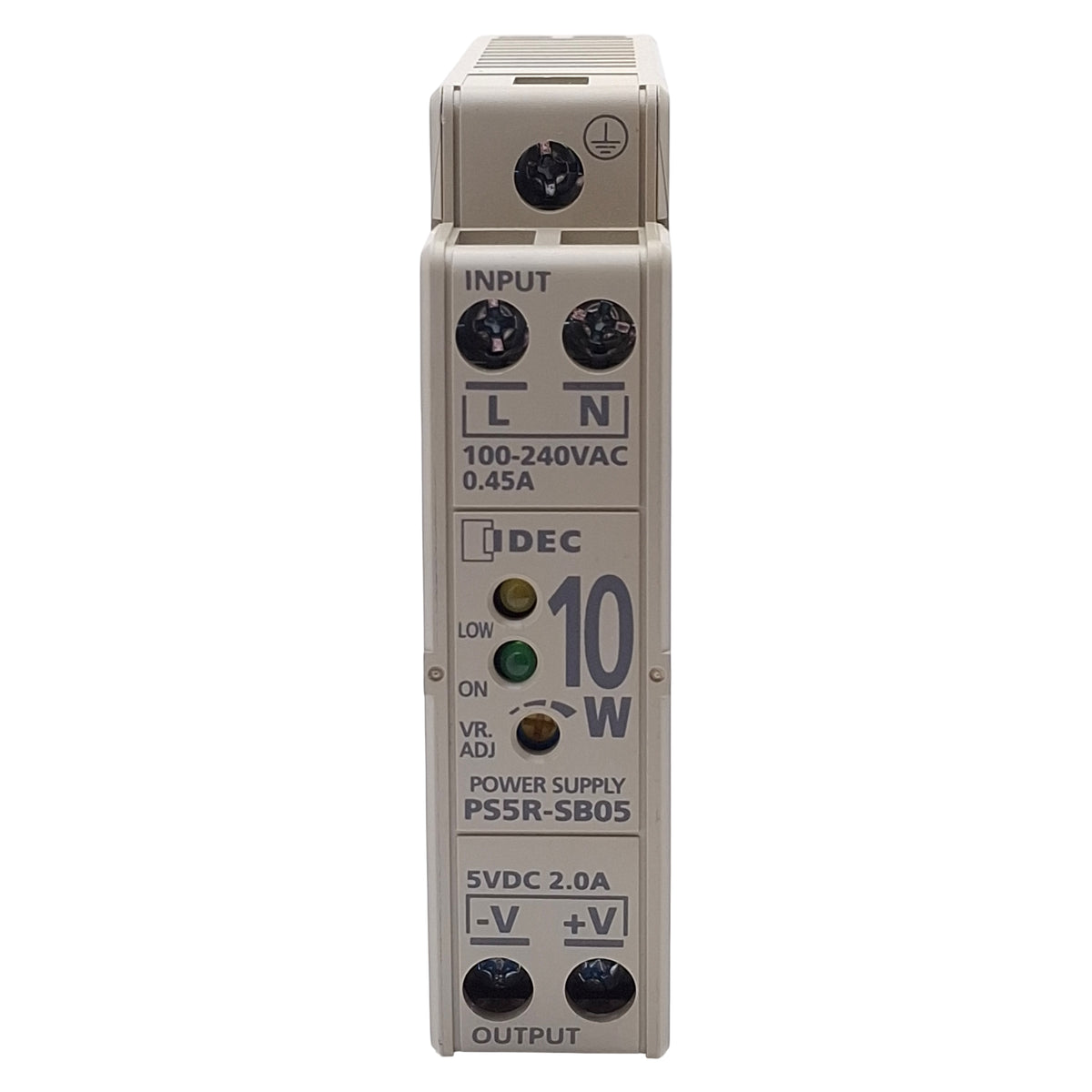 Used Idec PS5R-SB05 Power Supply, 100-240VAC In, 10W 2A 5VDC Out, DIN Rail