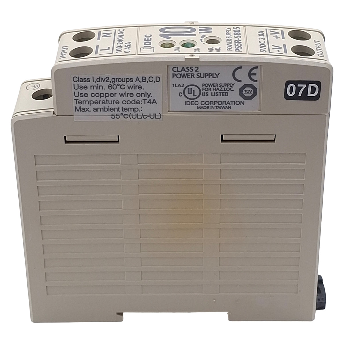 Used Idec PS5R-SB05 Power Supply, 100-240VAC In, 10W 2A 5VDC Out, DIN Rail