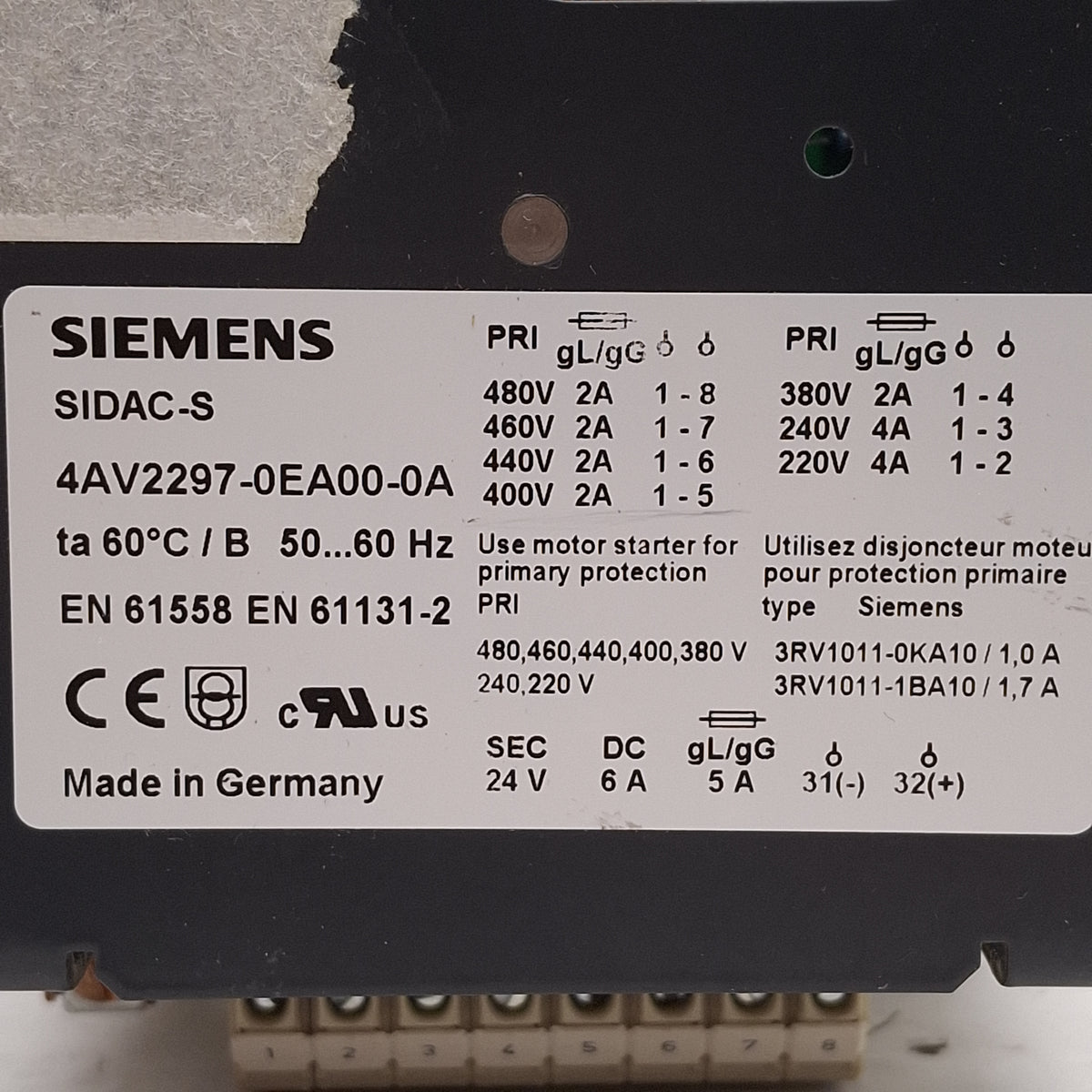 Used Siemens 4AV2297-0EA00-0A SIDAC-S Power Supply, 220-480VAC Prim, 24VDC 6A Sec