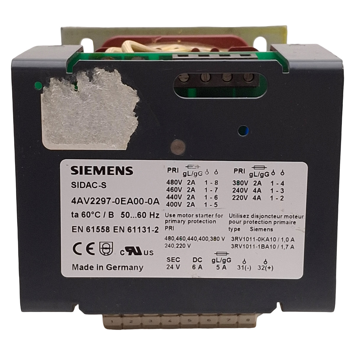 Used Siemens 4AV2297-0EA00-0A SIDAC-S Power Supply, 220-480VAC Prim, 24VDC 6A Sec