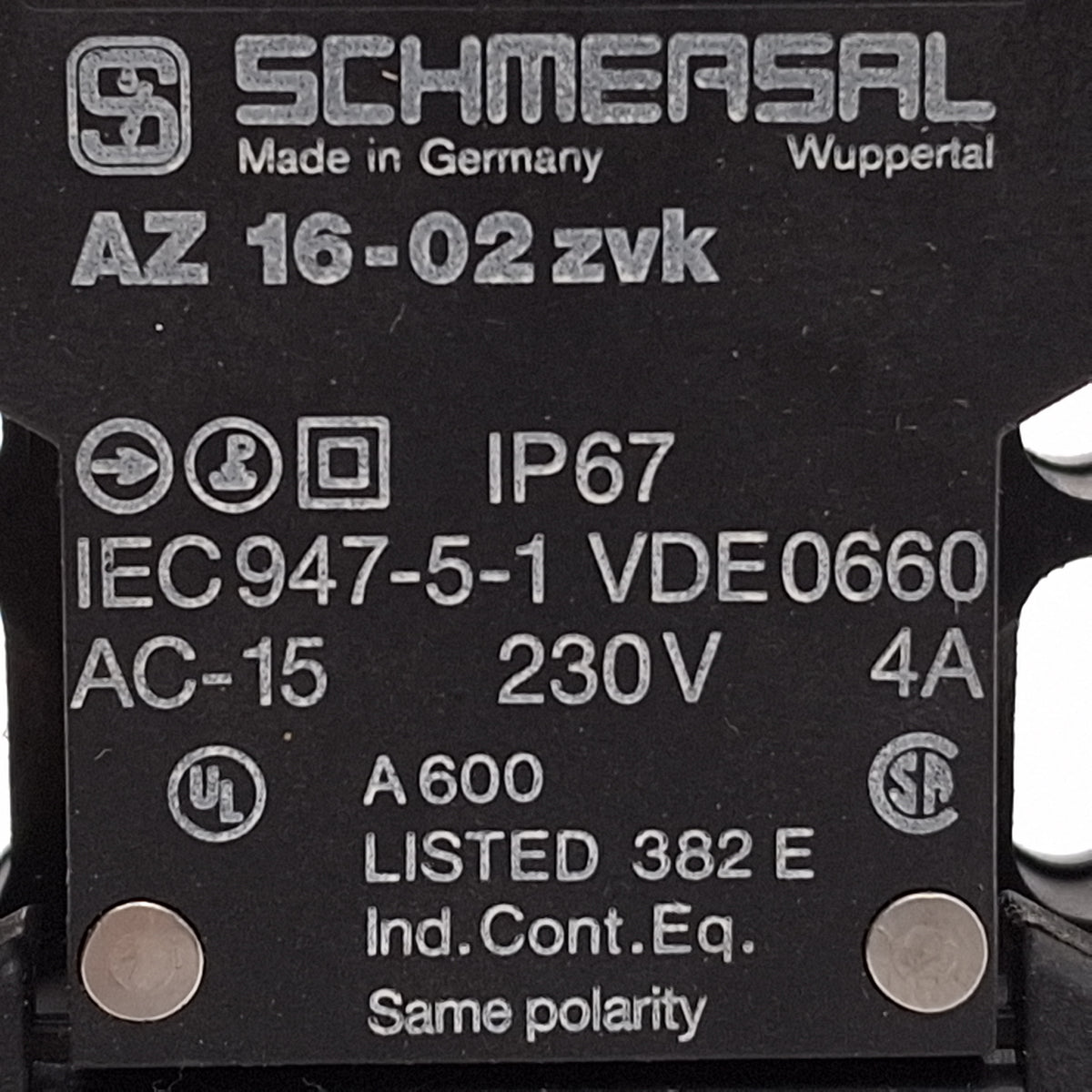 Used Schmersal AZ 16-02ZVK-M16 Safety Interlock Switch, 2NC, 230VAC/24VDC 4A *No Key*