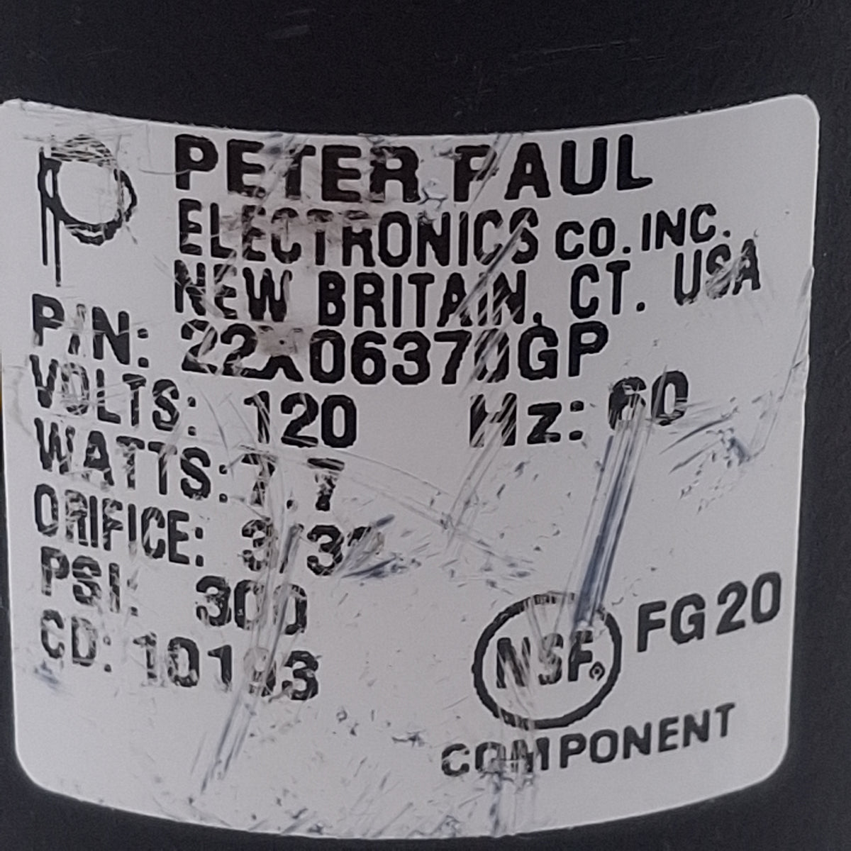 Used Peter Paul 22X06370GP Solenoid Valve, 2-Way NC, 1/4in NPT, 300psi, 120VAC Coil