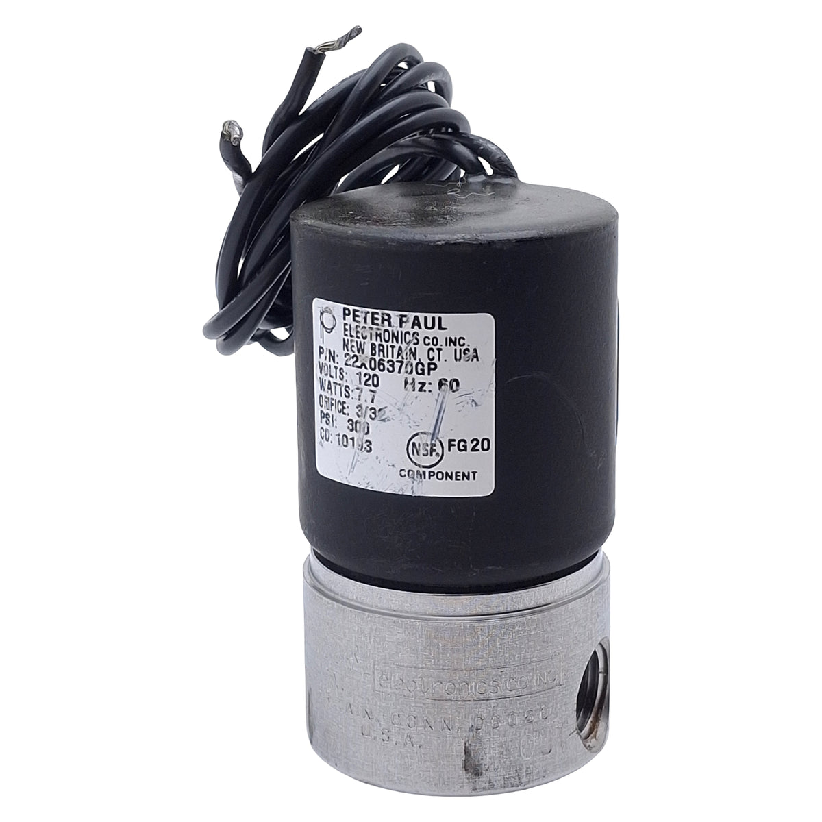 Used Peter Paul 22X06370GP Solenoid Valve, 2-Way NC, 1/4in NPT, 300psi, 120VAC Coil