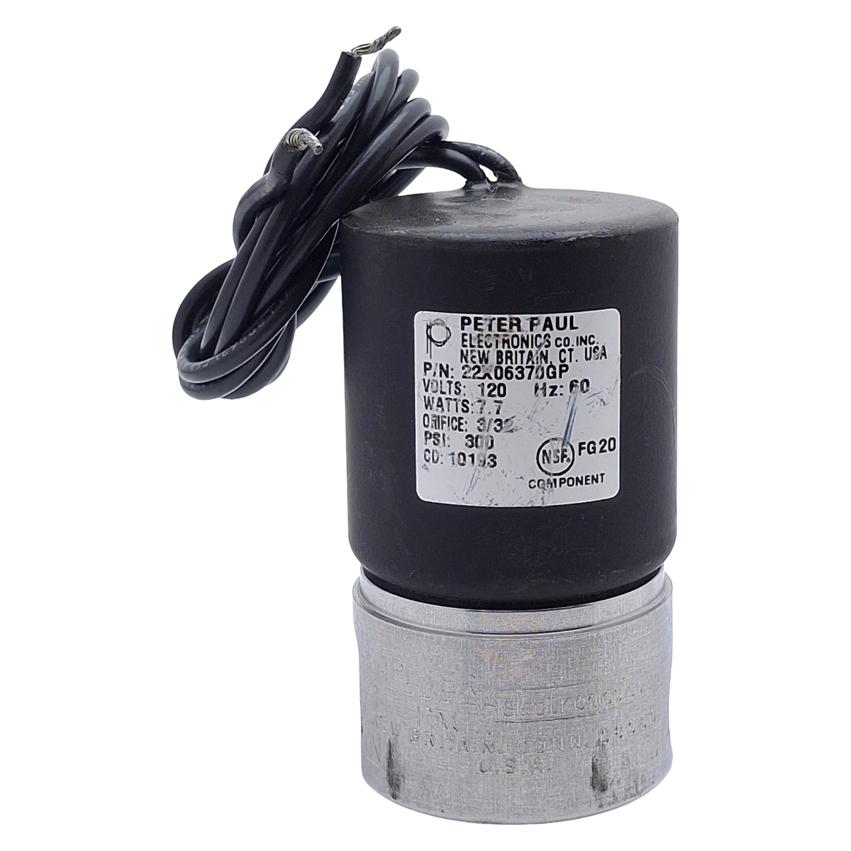 Used Peter Paul 22X06370GP Solenoid Valve, 2-Way NC, 1/4in NPT, 300psi, 120VAC Coil