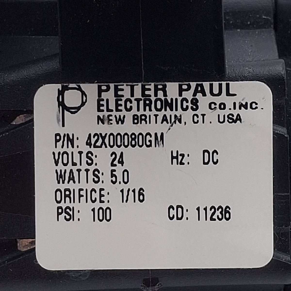 Used Peter Paul 42X00080GM Solenoid Valve, 2-Way NC, 1/8in NPT, 100psi, 24VDC Coil