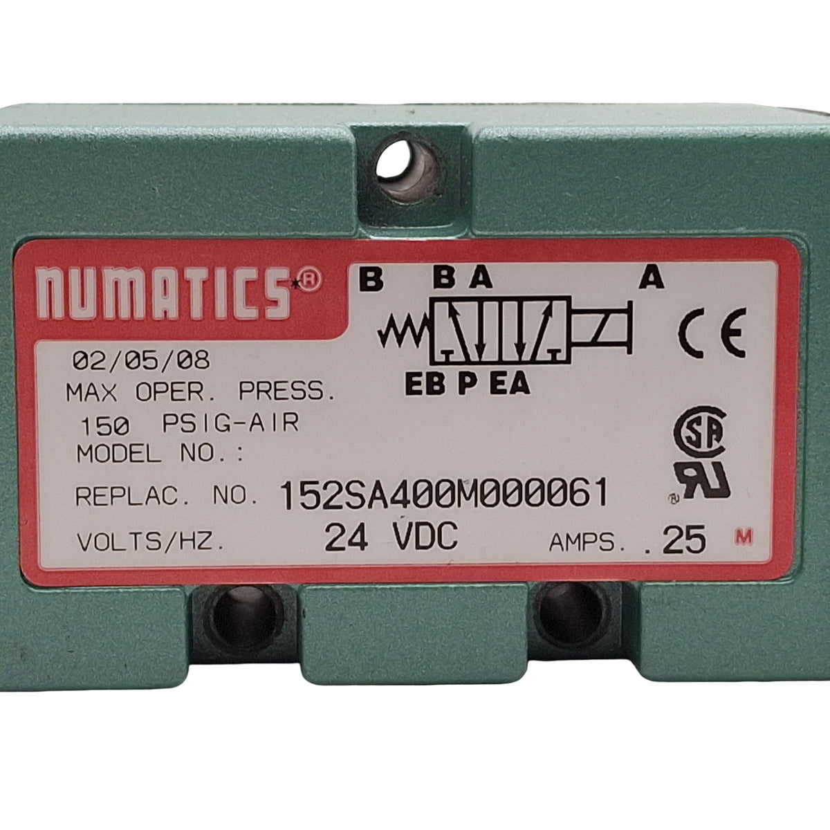 Used Numatics 152SA400M000061 Solenoid Valve, 4-Way 2-Position, 150psig, 24VDC Coil