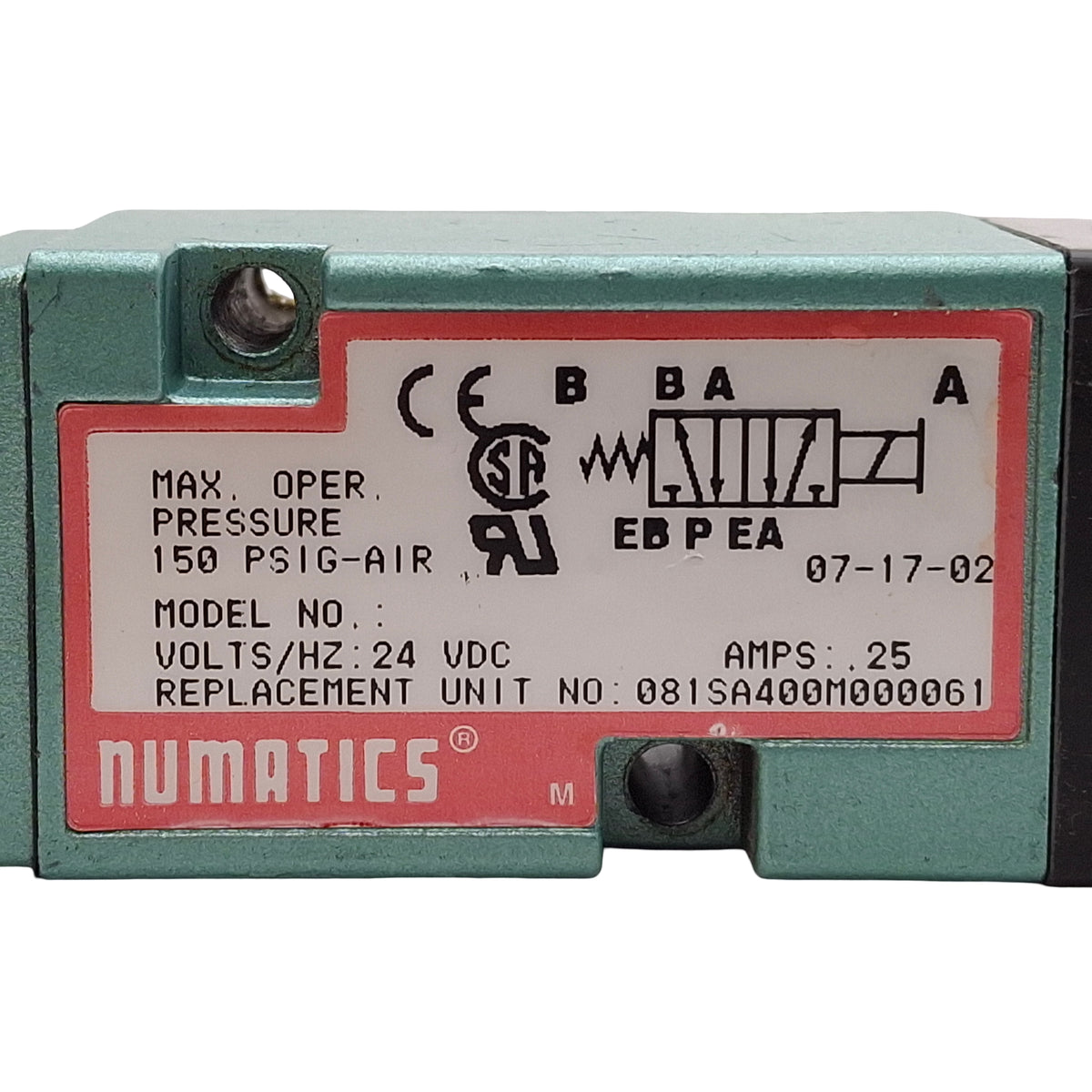 Used Numatics 081SA400M000061 Solenoid Valve, 4-Way 2-Position, 150psig, 24VDC Coil