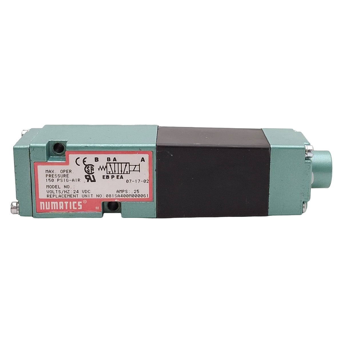 Used Numatics 081SA400M000061 Solenoid Valve, 4-Way 2-Position, 150psig, 24VDC Coil