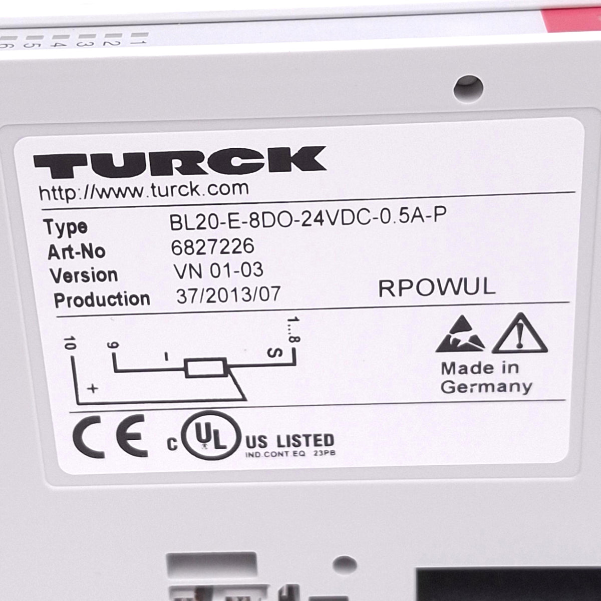 Used Turck BL20-E-8DO-24VDC-0.5A-P Digital Output Module, 8-Point, 0.5A PNP, 24VDC