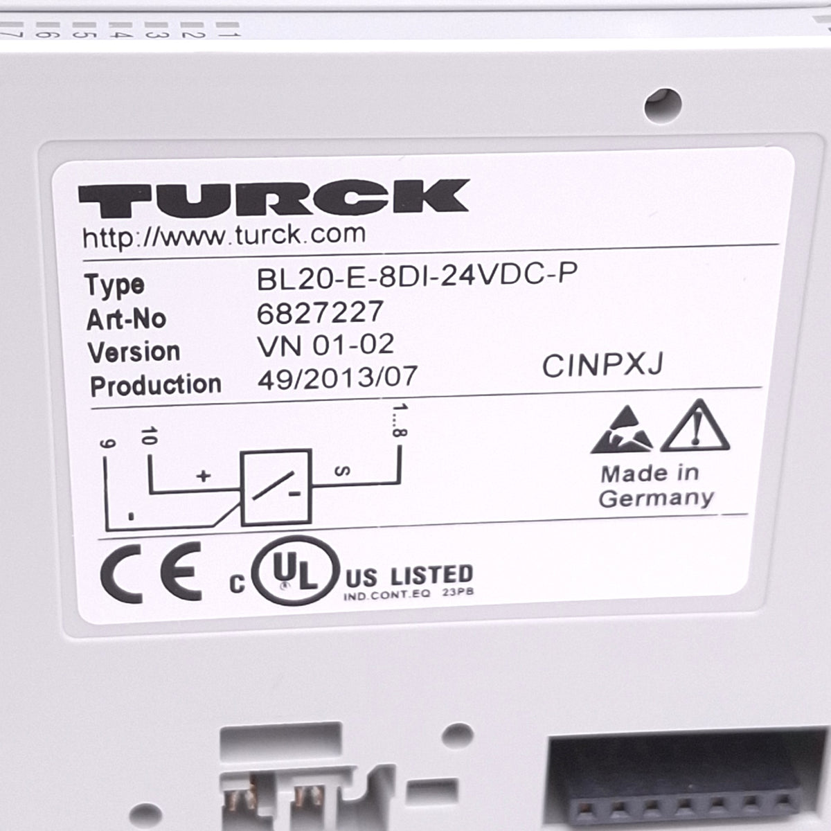 Used Turck BL20-E-8DI-24VDC-P Digital Input Module, 8-Point PNP Input, 24VDC