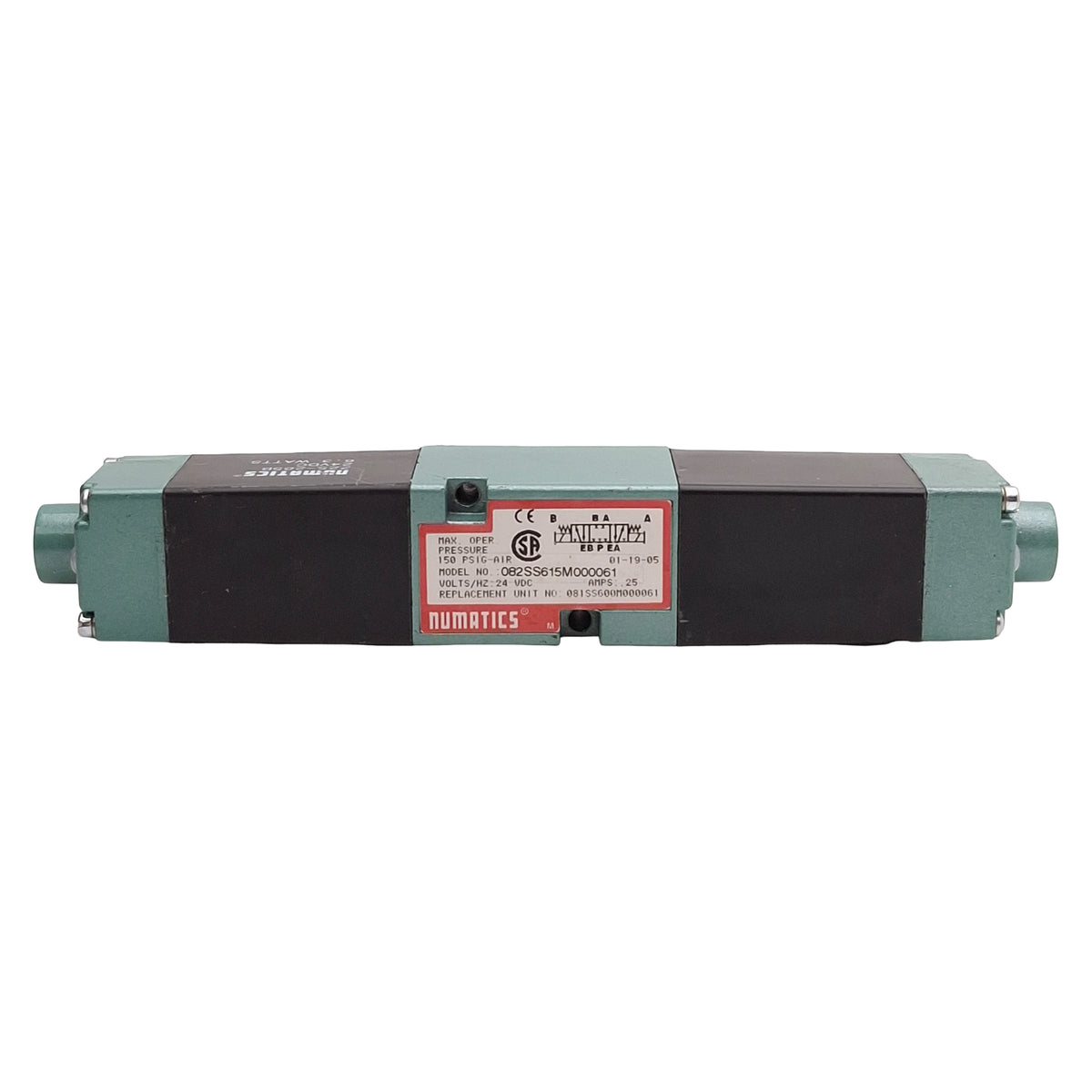Used Numatics 082SS600M000061 Solenoid Valve, 4-Way 3-Position, 150psig, 24VDC Coil