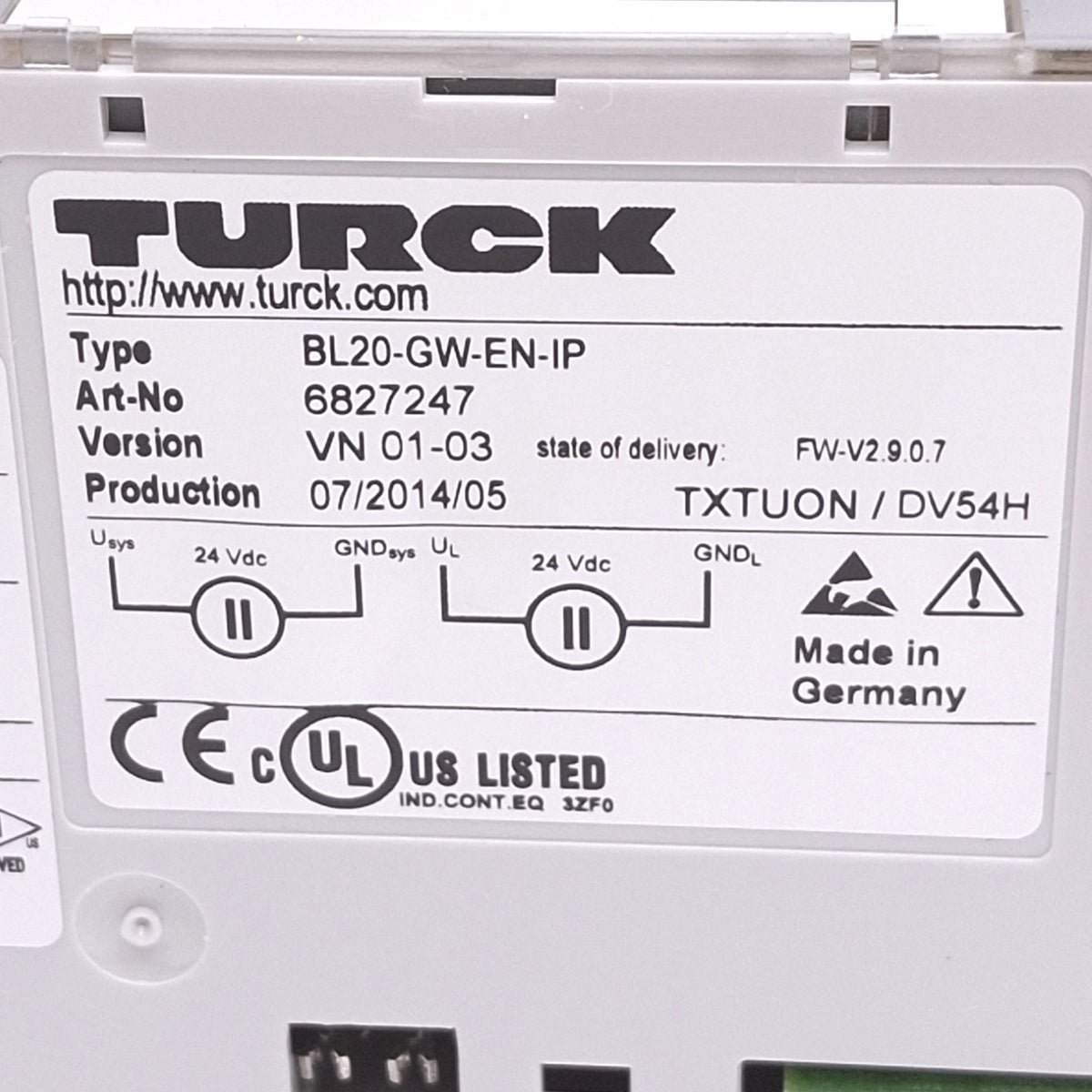 Used Turck BL20-GW-EN-IP Communication Gateway Module, Ethernet/IP 10/100Mbps, RJ45