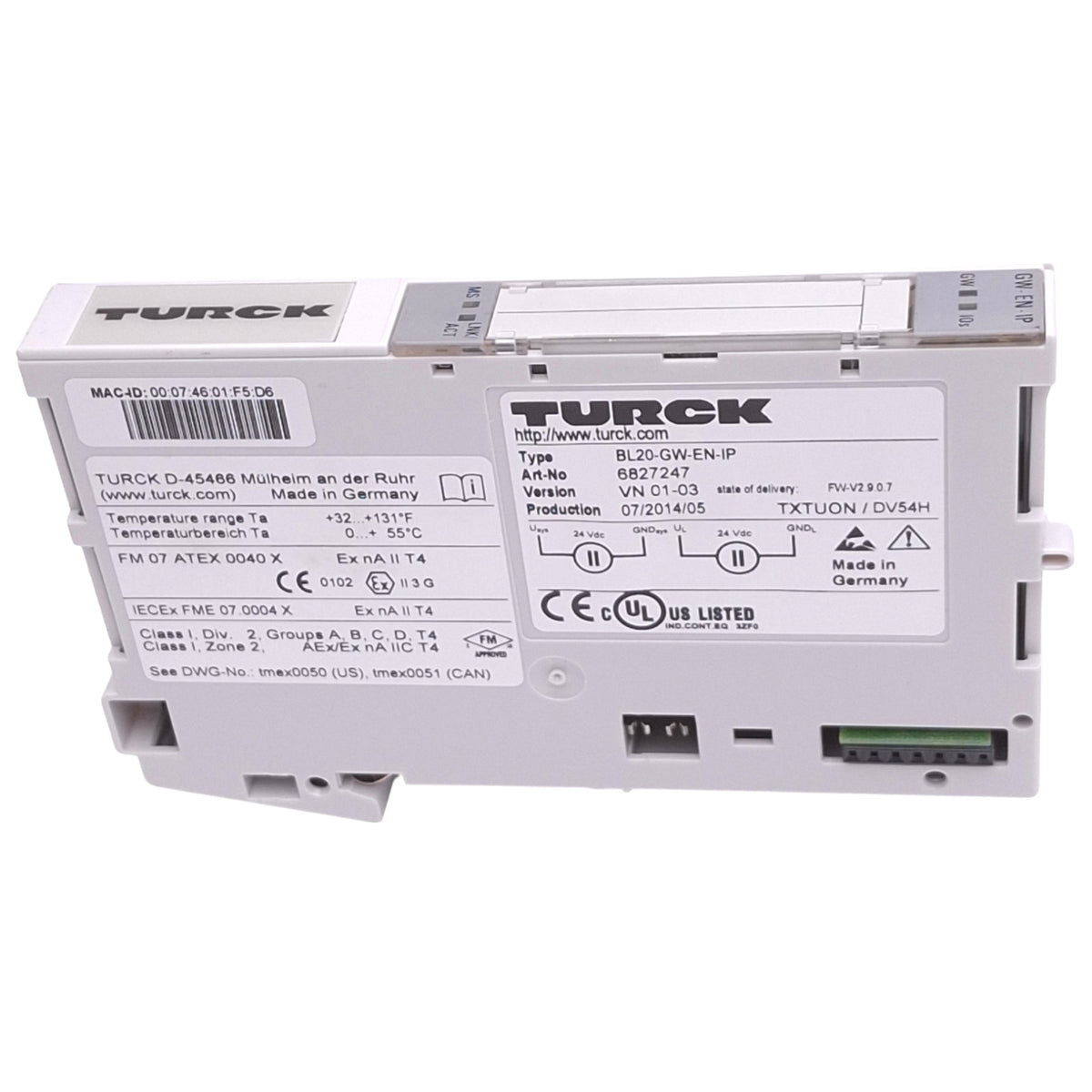 Used Turck BL20-GW-EN-IP Communication Gateway Module, Ethernet/IP 10/100Mbps, RJ45
