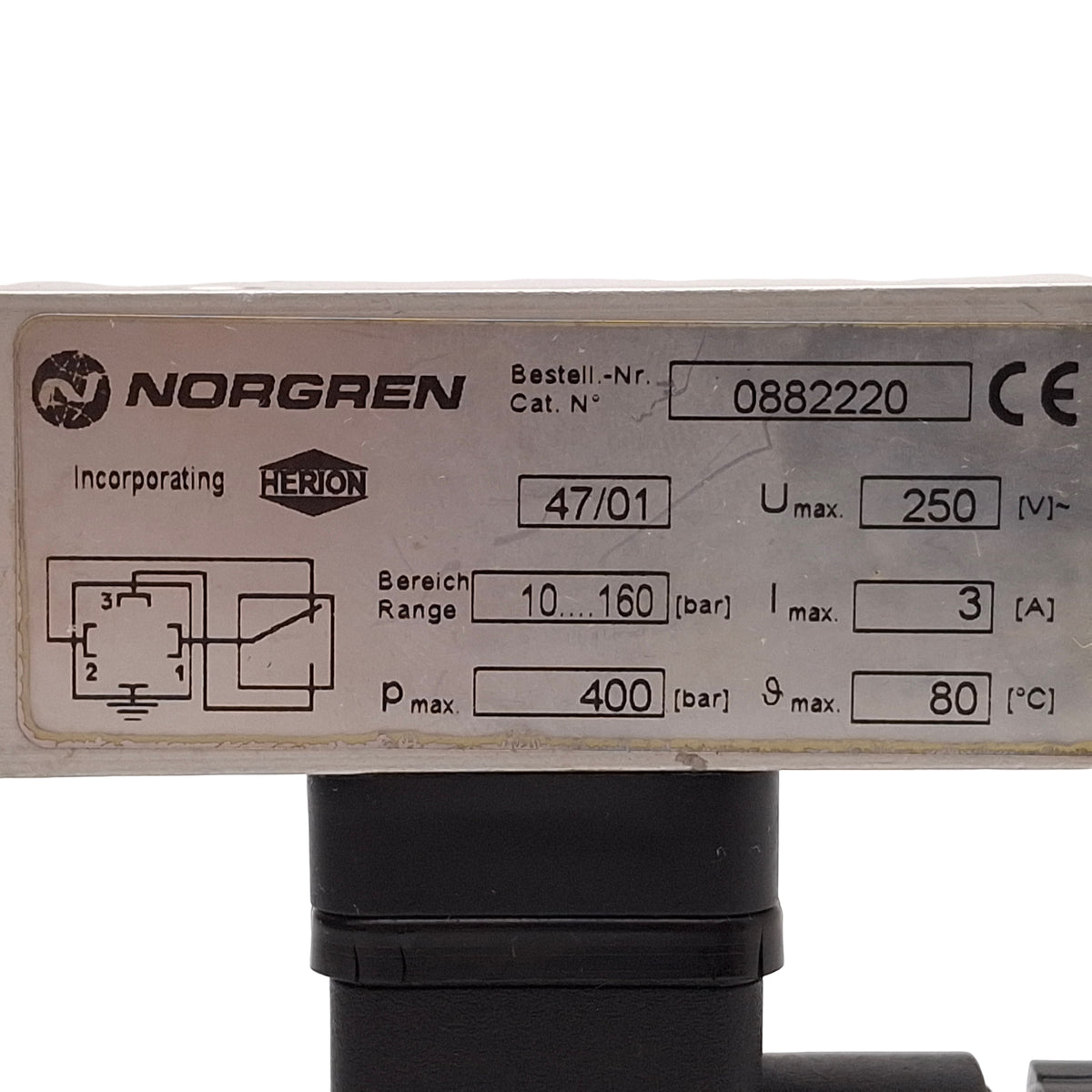 Used Norgren 0882220 Hydraulic Pressure Switch, SPST, 10-160bar, 1/4in NPT, 250VAC 3A
