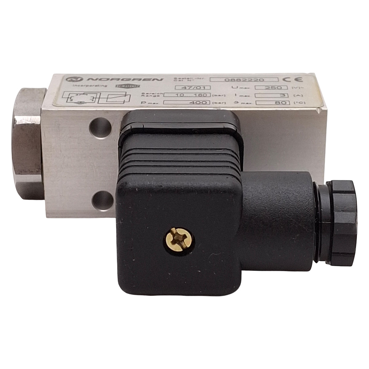 Used Norgren 0882220 Hydraulic Pressure Switch, SPST, 10-160bar, 1/4in NPT, 250VAC 3A