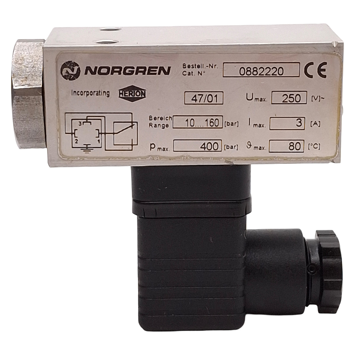 Used Norgren 0882220 Hydraulic Pressure Switch, SPST, 10-160bar, 1/4in NPT, 250VAC 3A