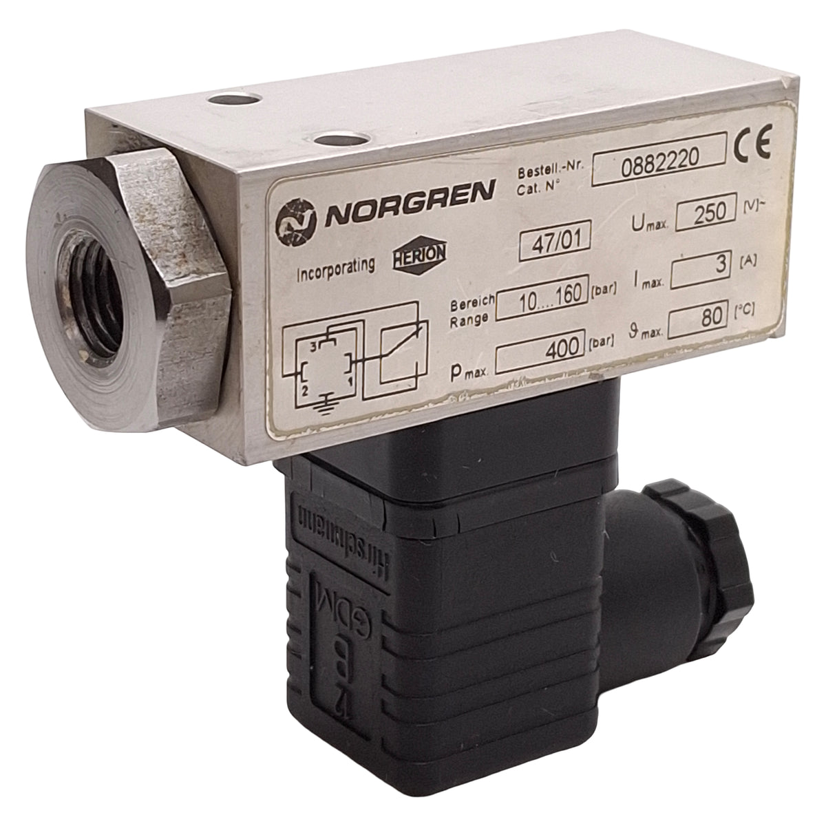 Used Norgren 0882220 Hydraulic Pressure Switch, SPST, 10-160bar, 1/4in NPT, 250VAC 3A