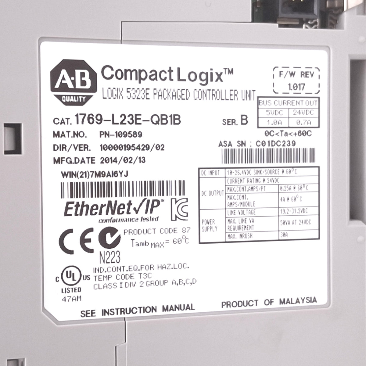 Used Allen Bradley 1769-L23E-QB1B Ser B CompactLogix Controller, 16DI 16DO, 24VDC