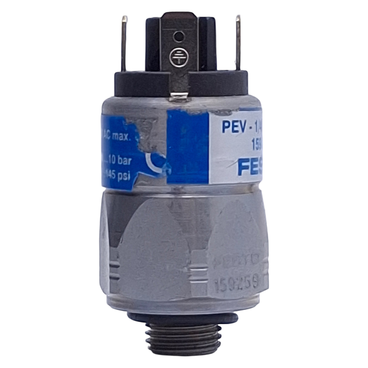 Used Festo PEV-1/4-A-SW27 Pressure Switch G1/4 Ports, 12-250VDC, 1-10bar, 4-Pin Plug