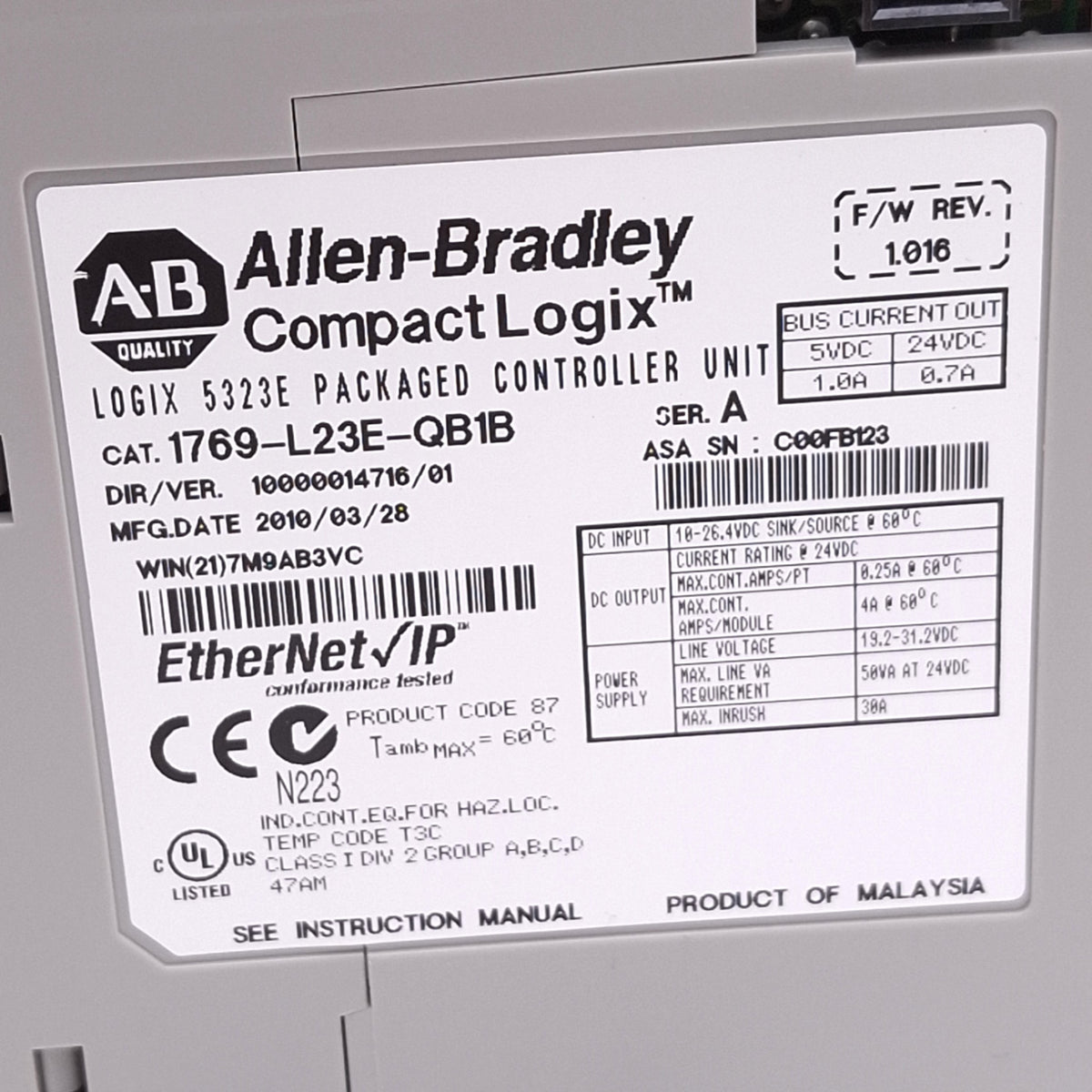 Used Allen Bradley 1769-L23E-QB1B Ser A CompactLogix Controller, 16DI 16DO, 24VDC
