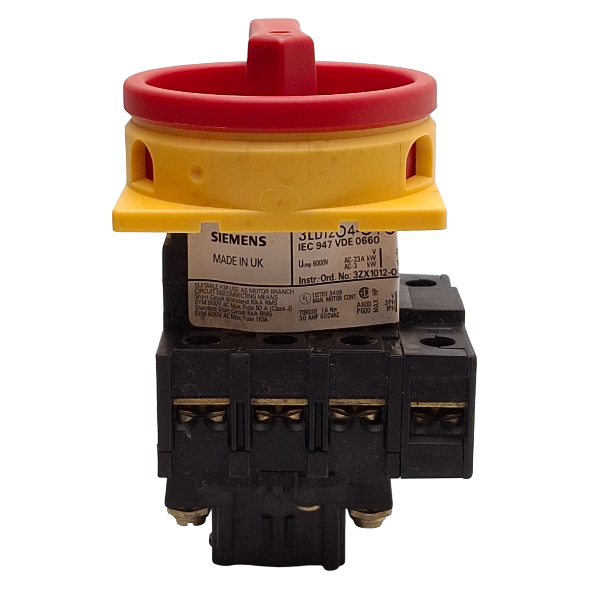 Used Siemens 3LD1204-0TC53 Rotary Disconnect Switch 4NO, 25HP @ 3Ø 575VAC, 30A 600VAC